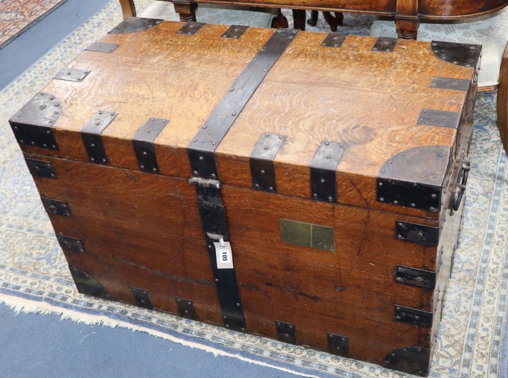 A Victorian iron bound oak silver chest, formerly owned by Sir James Hay, W.93cm, D.52cm, H.57cm